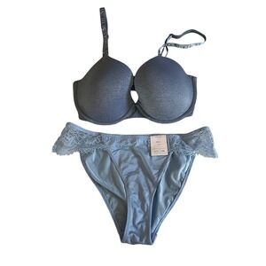 Victoria's Secret 32DD Demi Bra & Auden Small Lace Bikini Panty Set Blue Heather